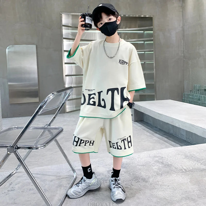 Children Summer Clothing Set For Boys Letter Print Sport Suit Kids Teenager Cotton Outfits Casual Short Sleeve Tracksuit Costume