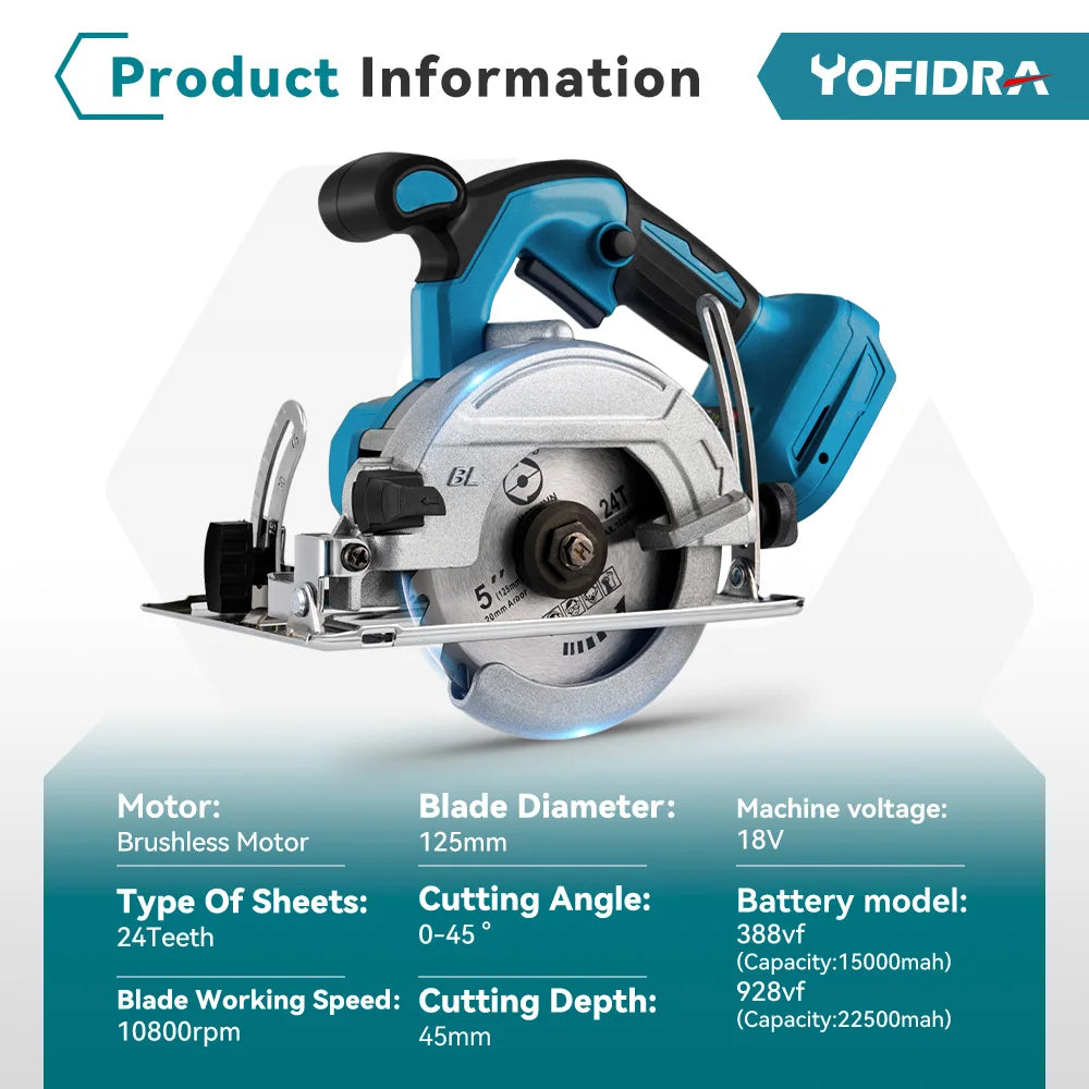 YOFIDRA 10800RPM 5/7 Inch Electric Circular Saw Handheld Multifunction Rechargeable Cutting Machine For Makita Battery Pin