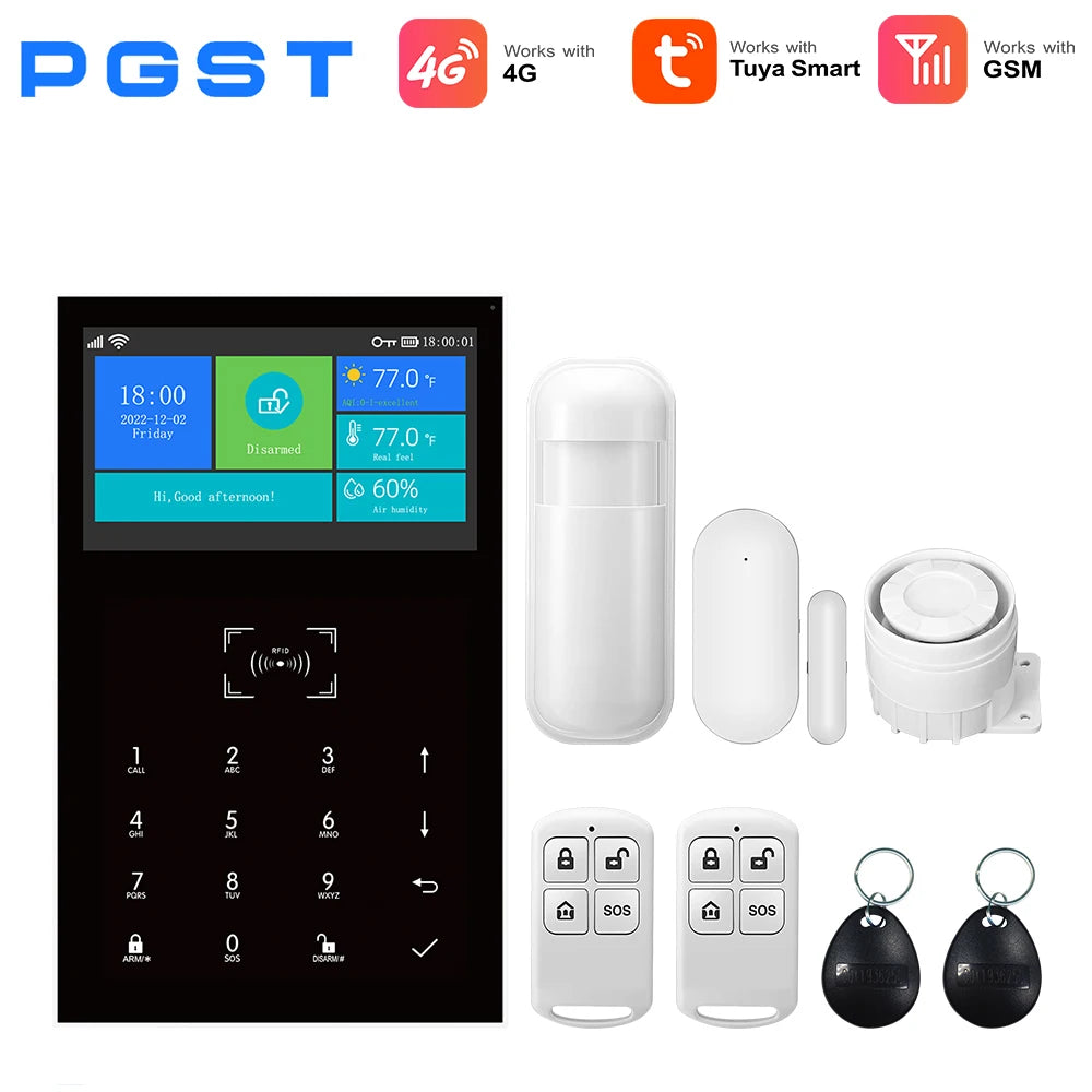 PGST GSM WIFI Smart Home Alarm System Tuya 4G Wireless Smart Life APP Control With Alexa 433MHz Safe Security Door Sensor Siren