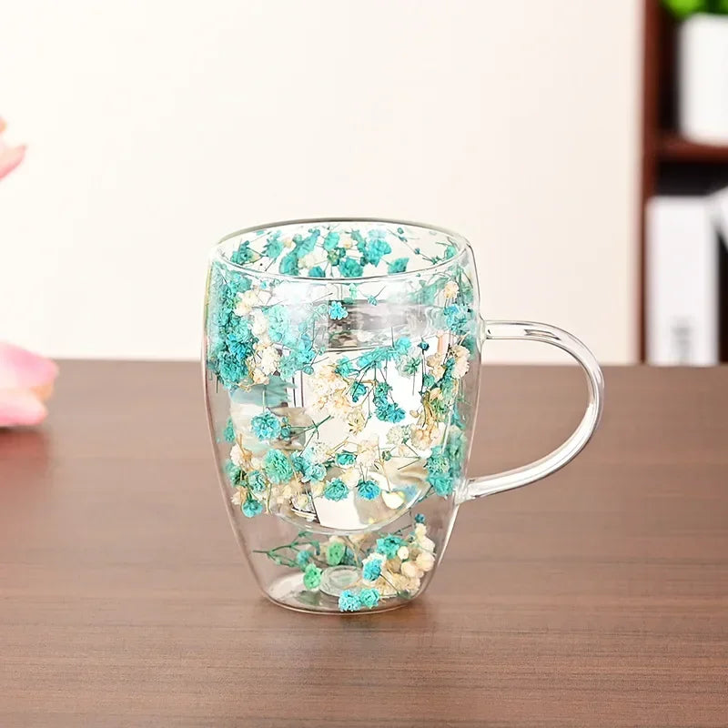 1PCS 300ml Double Wall Glass Cup with Handle Dried Flower Decorated Ins StyleDurable Coffee Milk Mug Heat Resistant Tea Cups