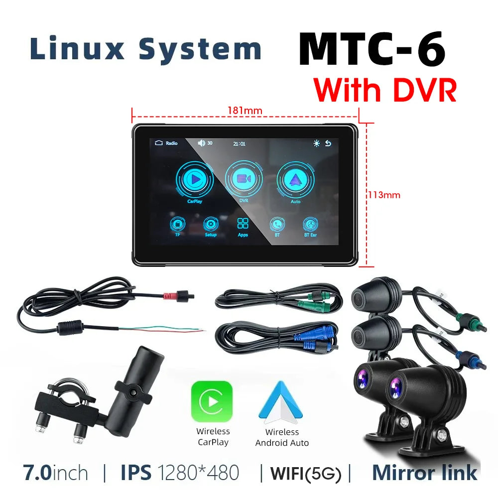 Srnubi 7 Inch Motorcycle Portable Navigation GPS Wireless Carplay Android Auto IP67 Waterproof Motorcycle Touch Screen Display