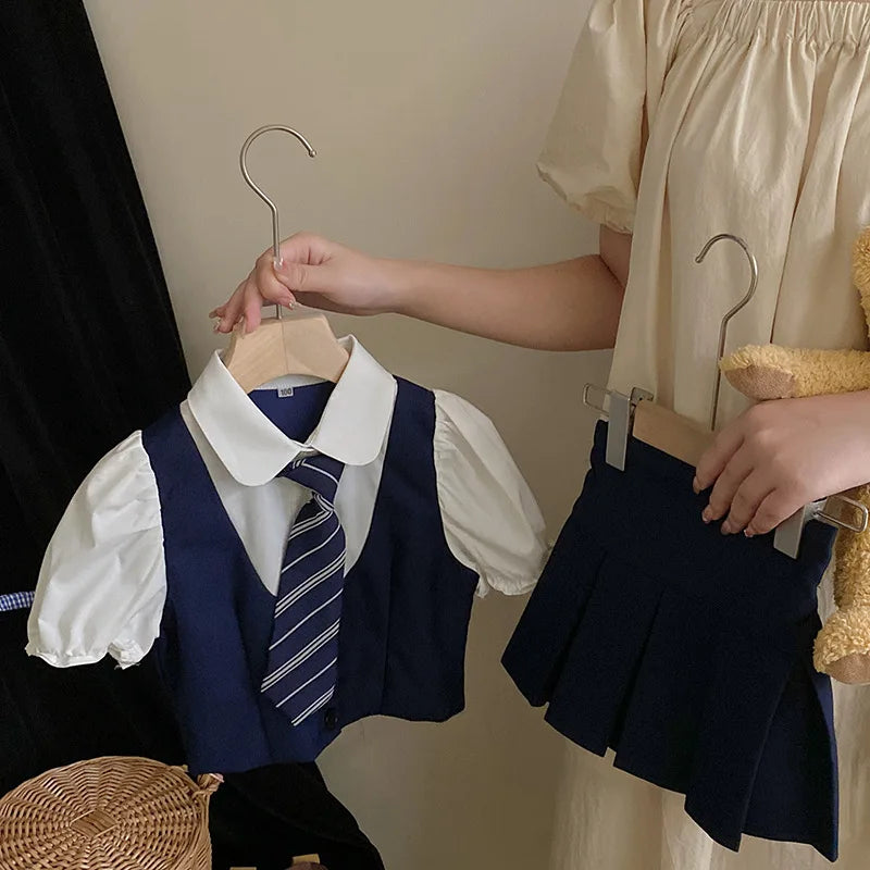 Summer Girls 2 Pcs clothes Set Baby Blouse+Pleated Skirt Kid suit Children Clothing Toddler Suit Fashion Preppy outfits Tie 2-10