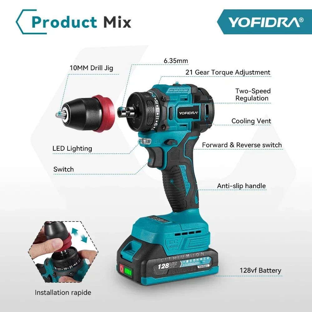 YOFIDRA 2 in1 Brushless Electric Screwdriver Hammer Cordless Drill Impact Multifunctional Power Tool For Makita 18V Battery Pin