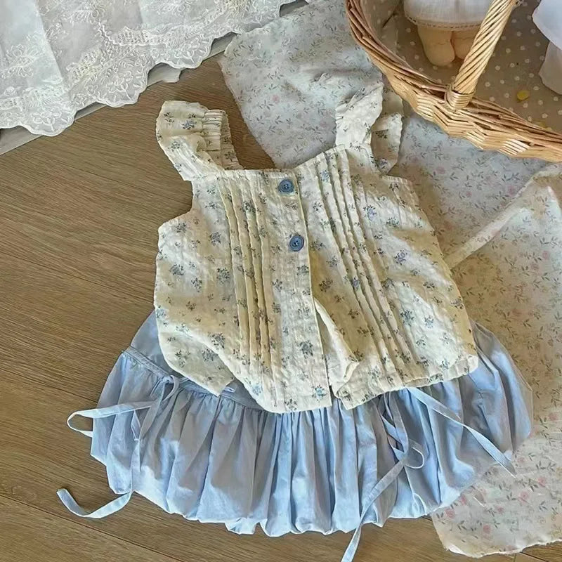 Girls' Summer Clothes Set 2025 New Korean Style Children's Fashion Floral Print Vest+ Skirt for Girls Baby Fashion Two Piece Set
