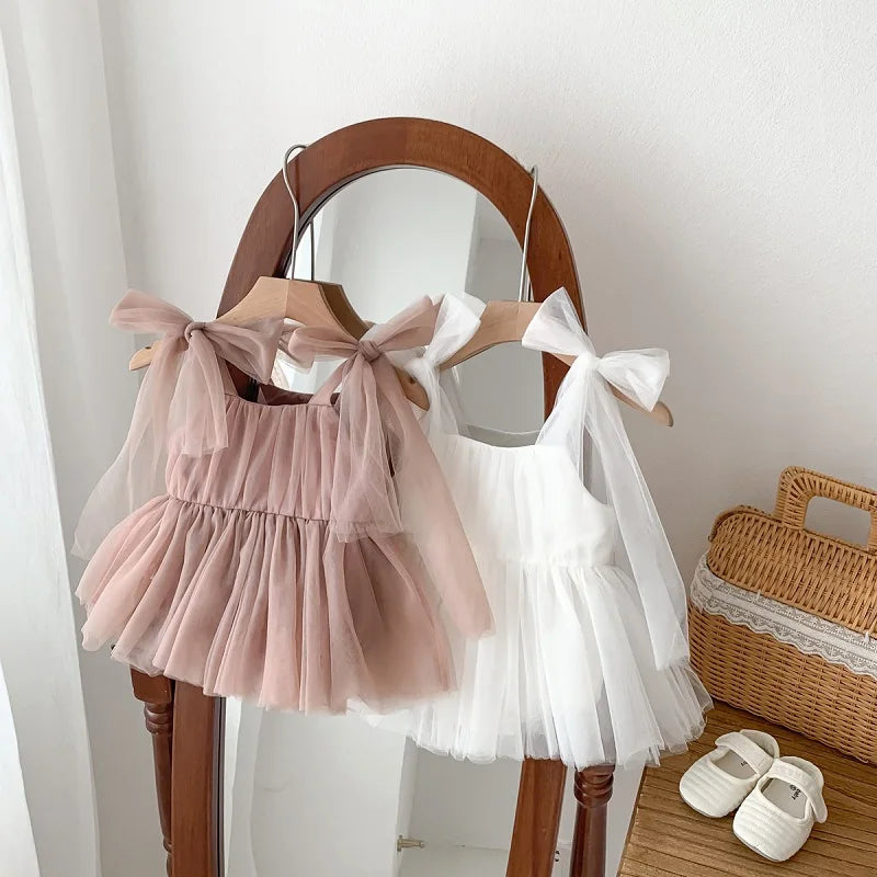 2025 Summer Baby Clothes 100 Day Baptism Birthday Party Sleeveless jumpsuit Mesh Bow Romper Girl Princess Dress