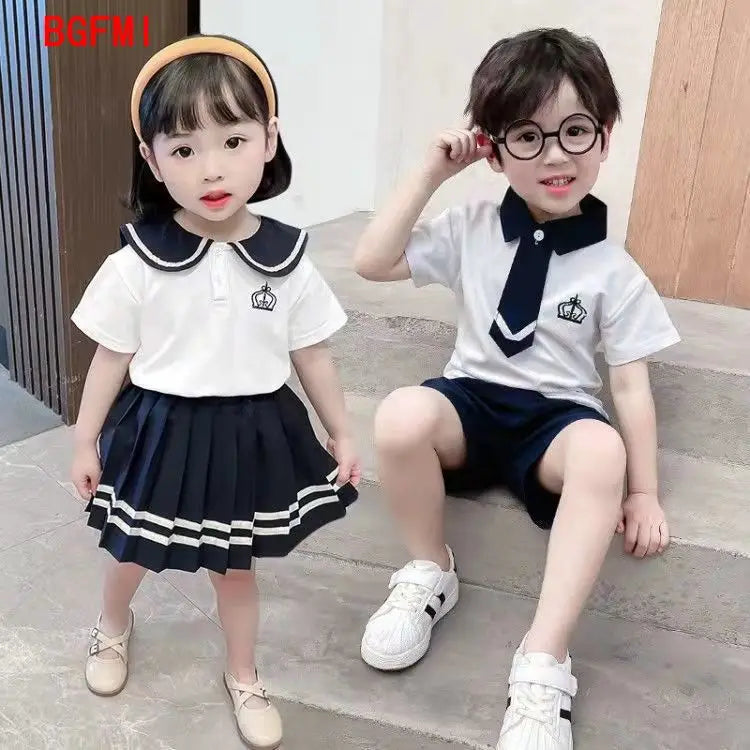 2-10Y Brother Sister Sibling Look Summer Navy Collar Boy girl Clothes Set Short Sleeve Girl Preppy Dress Family Matching Outfits