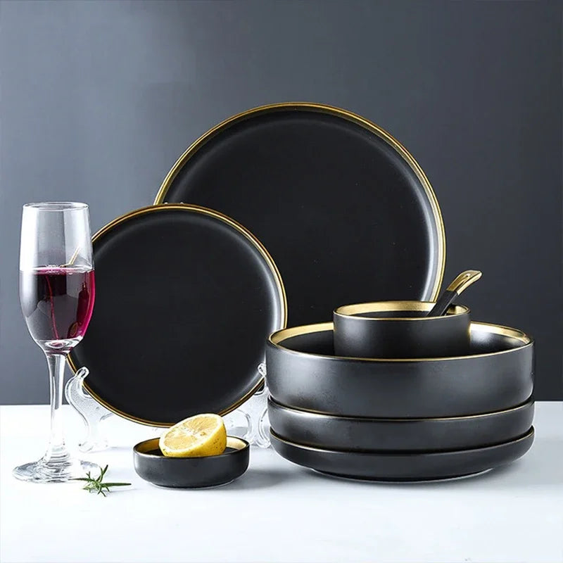 Porcelain Dinner Plates Dishes Plates and Bowls Set Black Tableware Set Food Plate Salad Soup Bowl Dinnerware Set for Restaurant