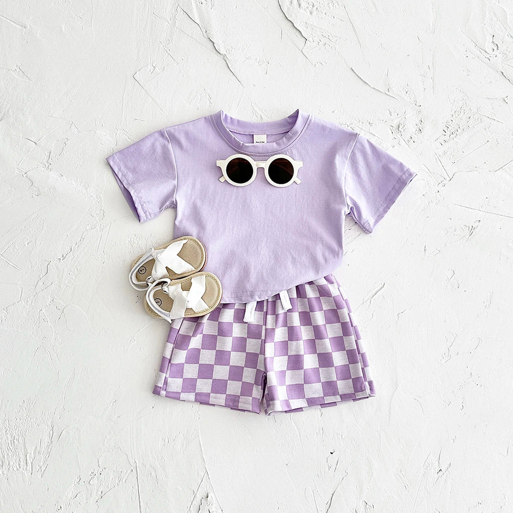 Ins Summer Newborn Boys Girls Clothing Baby Set Solid Short Sleeved T-shirt+Checkerboard Shorts Cotton Casual 2PCS 0-3Y