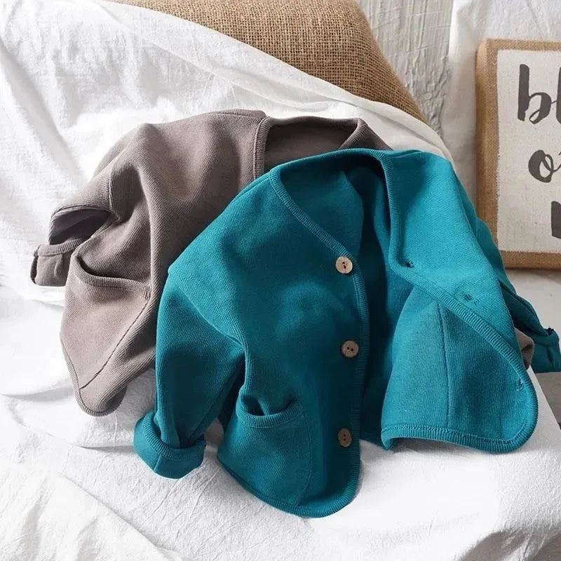 Korean Children's Loose Solid Color Long Sleeved Cardigan Autumn Style Pure Cotton Casual Top Jacket for Boys and Girls