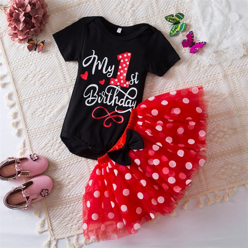3Pcs Baby Girl 1st Birthday Dress Sets Short Sleeve Top &amp; Polka Dot Skirt &amp; Bow Headband Newborn Outfit Minni Cosplay Dress