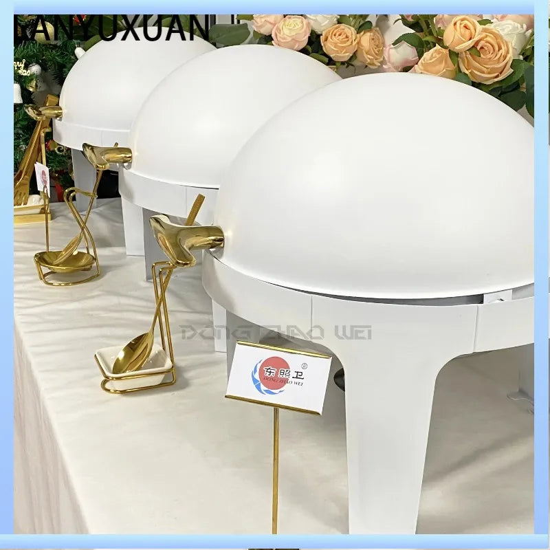 Luxury Top Selling White 6L Stainless Steel Chafing Dish Round Food Warmer Metal Cheffing Stove Chafer for Hotel Buffet Party
