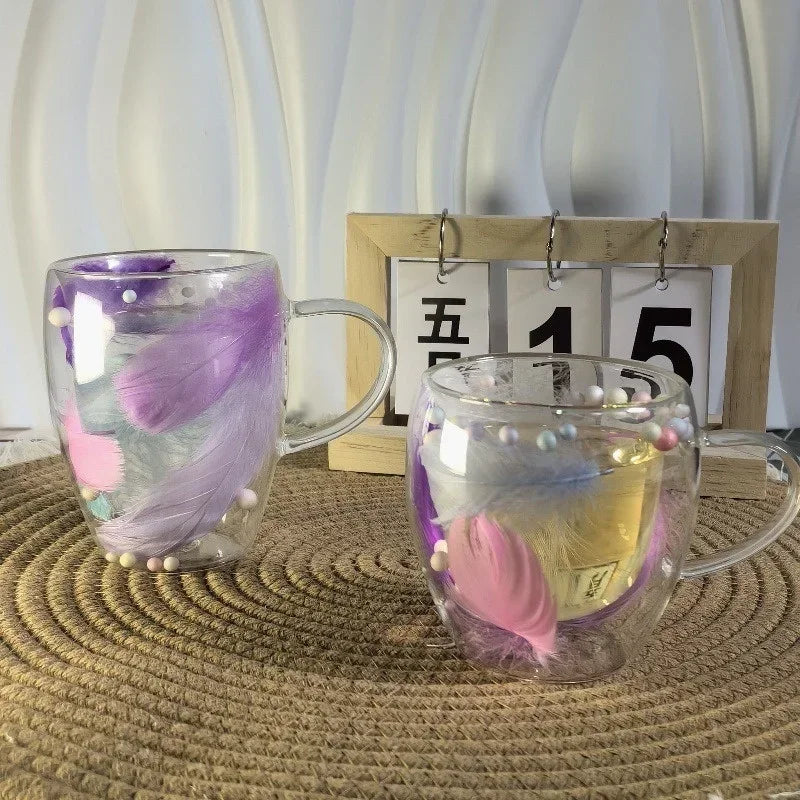 250/350ML Feather Design Glass Cup with Handle Double Layer Coffee Cup Transparent Heat Resistant Home Office Exquisite Gift Cup