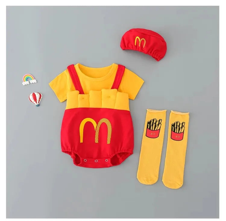 0-3T Ins Baby Romper with Hat Boys Girls French Fries Onesie M Cartoon Newborn Infants Cotton Clothes Baby's Photography Outfit
