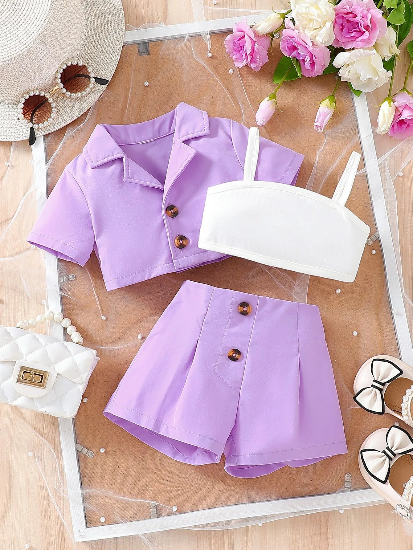 Children's New Summer Pure Color T-shirt, Shorts and Pants Three-piece Set for Baby Girls