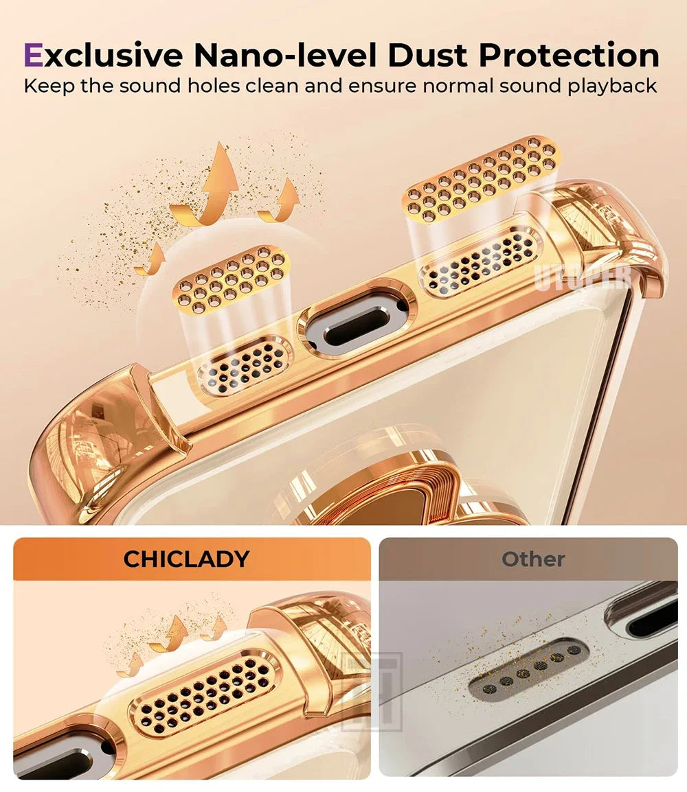 Luxury Golden Platinum TPU Ring Stand Transparent Phone Case for iPhone 16 15 14 13 11 12 Pro Max Plus - Magsafe Magnetic Protective Cover