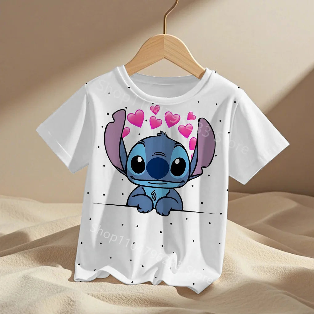 3-14Y Children's Disney Stitch T Shirts Summer Girls Lovely Short Sleeve Daily Casual Tops Boys T-shirt Homewear Graphic Tees
