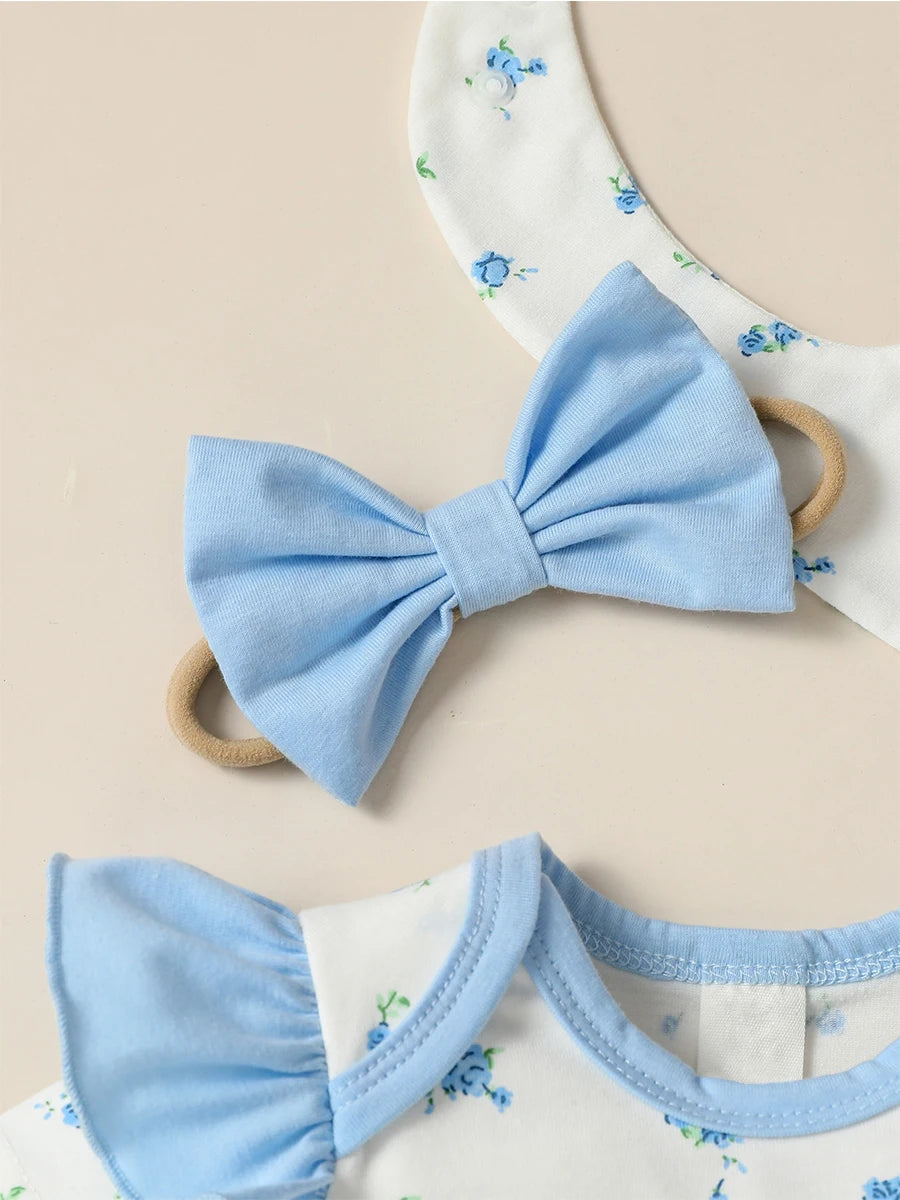 5PCS Girls Baby short Sleeve Printing Flower Cute For Daily BodySuit +Bow headwear+Bib+Gloves
