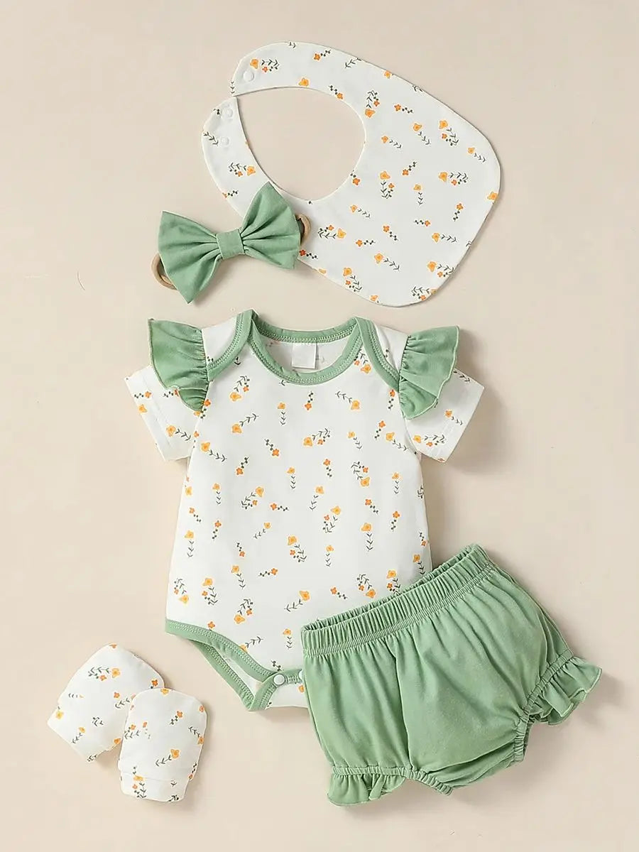 5PCS Girls Baby short Sleeve Printing Flower Cute For Daily BodySuit +Bow headwear+Bib+Gloves