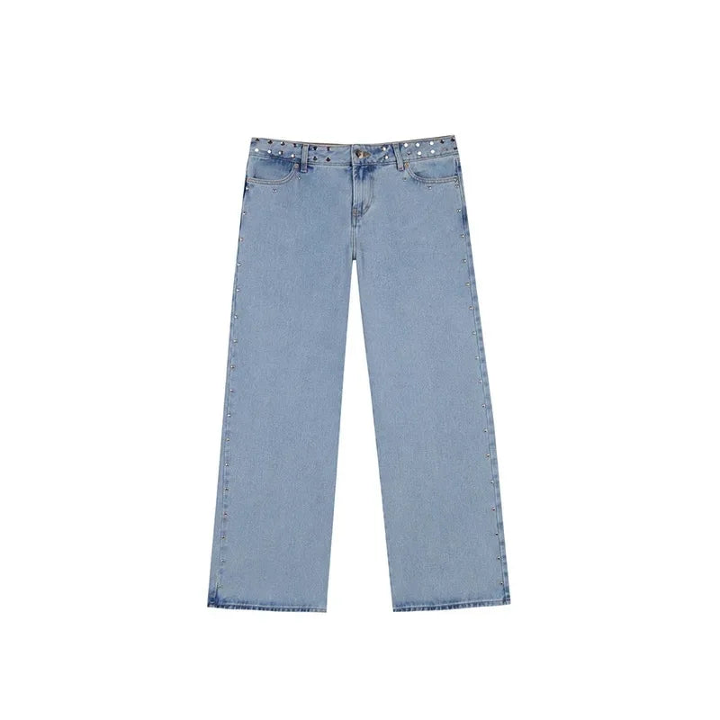Women Y2K Vintage Jeans Patchwork Leopard Star Pattern Metal Rivet Jeans Female Baggy Casual Straight Leg Pants Women Clothing