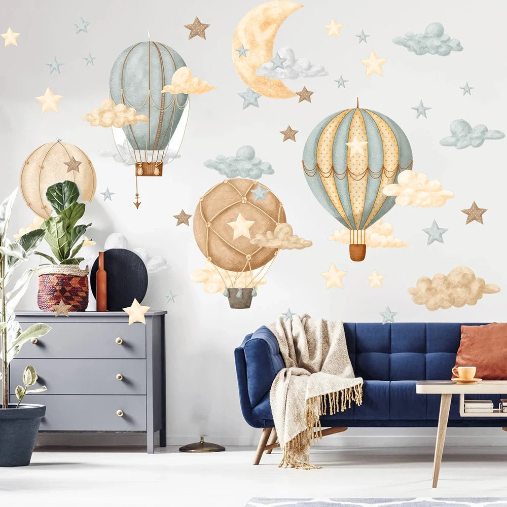 Large Hot Air Balloons Moon Cloud Wall Sticker Baby Nursery Kids Room Watercolor Vintage Air Balloons Star Moon Wall Decal Decor