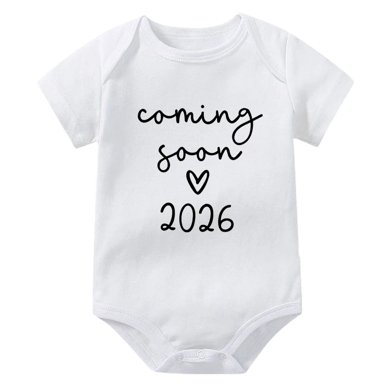 Coming Soon 2026 Baby Announcement Clothes Cotton Newborn Baby Bodysuits Summer Boys Girls Romper Body Pregnancy Reveal Clothes