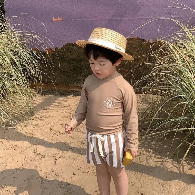 Baby Boys Swimming Wear Spell Color Long Sleeve Swimsuit + Shorts 2pcs Suit Children Quick Drying Swimwear