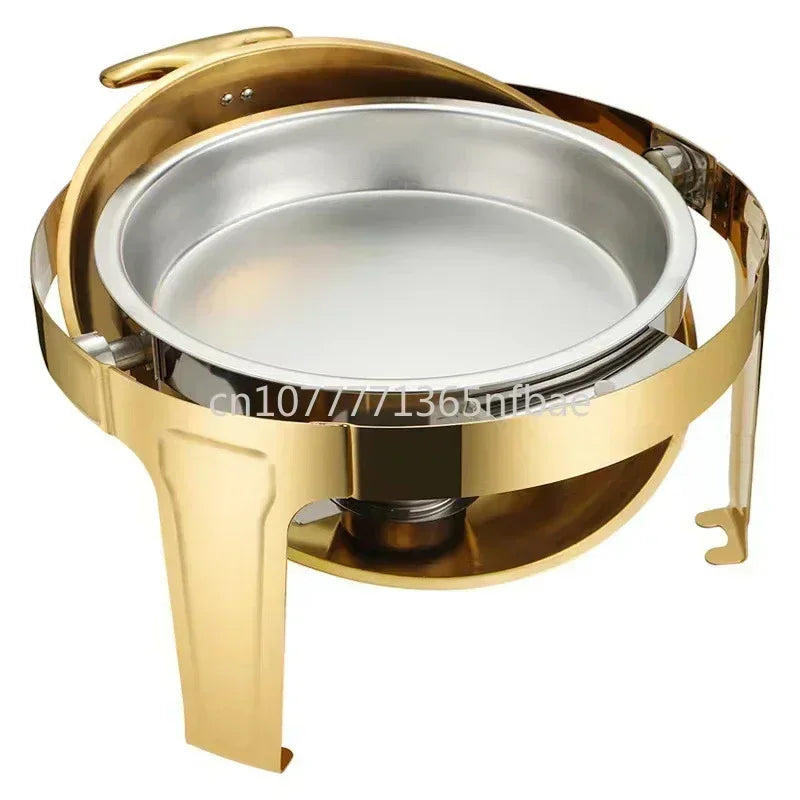 6L Large Roll Top Round Dining Silver Chafing Dish Food Warmer，Hotel Large Stainless Steel Gold Hot Pot