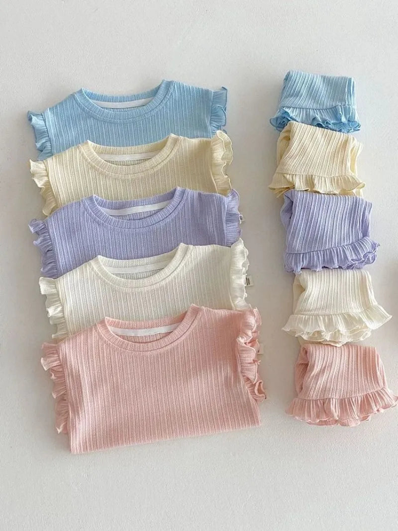 Summer Baby Girl Top and Shorts Set Solid Color Girls' Short Sleeve Shorts Two Piece Set Baby Girl Clothes