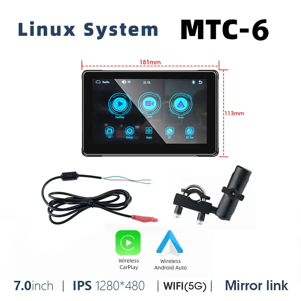Srnubi 7 Inch Motorcycle Portable Navigation GPS Wireless Carplay Android Auto IP67 Waterproof Motorcycle Touch Screen Display