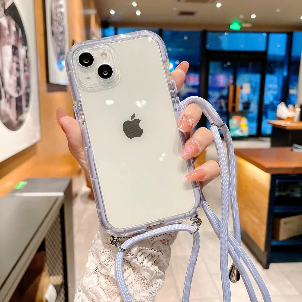 Crossbody Necklace Lanyard Strap Cord Transparent Soft Case for iPhone 14 13 12 11 Pro Max X XR XS 7 8 Plus Armor Luminous Cover