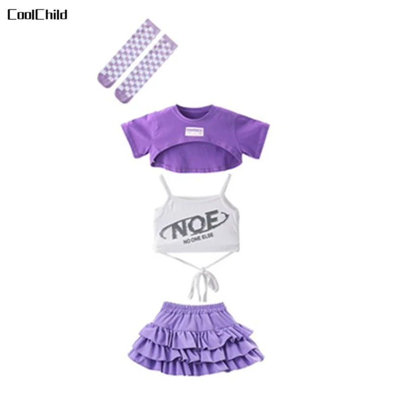 Girls Cute Summer Streetwear Children Hip Hop Crop Top Purple Tiered Skirts Clothes Sets Kids Teens Street Dance Jazz Costumes