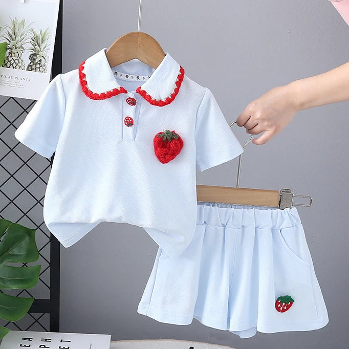 MILANCEL New Summer Kids Clothes Set Girls Cute Strawberry Polo Shirt +Shorts Children Doll Collar Outwear 2PCS