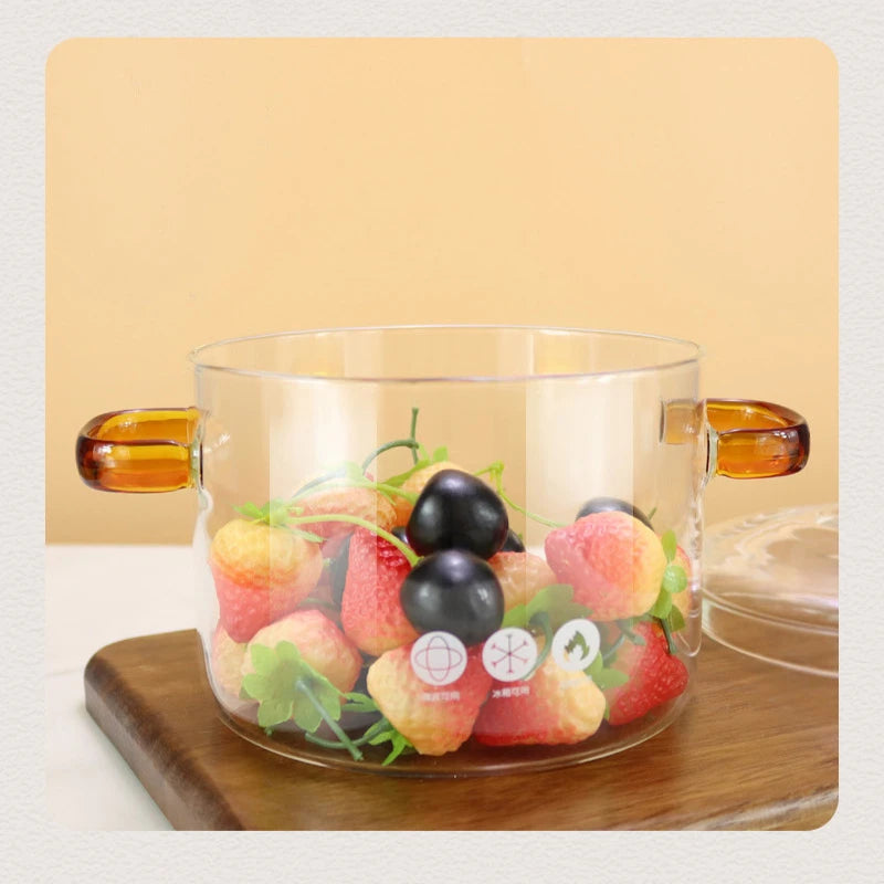 Clear Glass Cooking Pot Nonstick Heat Resistant Soup Stock Pots with Cover Noodle Bowl with Binaural Handle Kitchen Cooking Pots