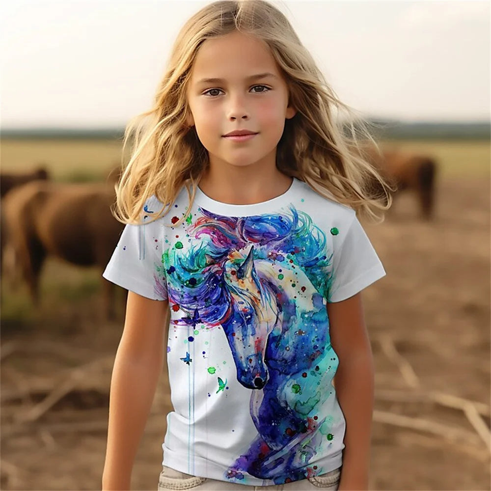 Female Child Clothes 3D Print Cartoon Animal Horse Girl T Shirts Kawaii Girl Summer Outdoor Comforts Short Sleeves Girl T-Shirt