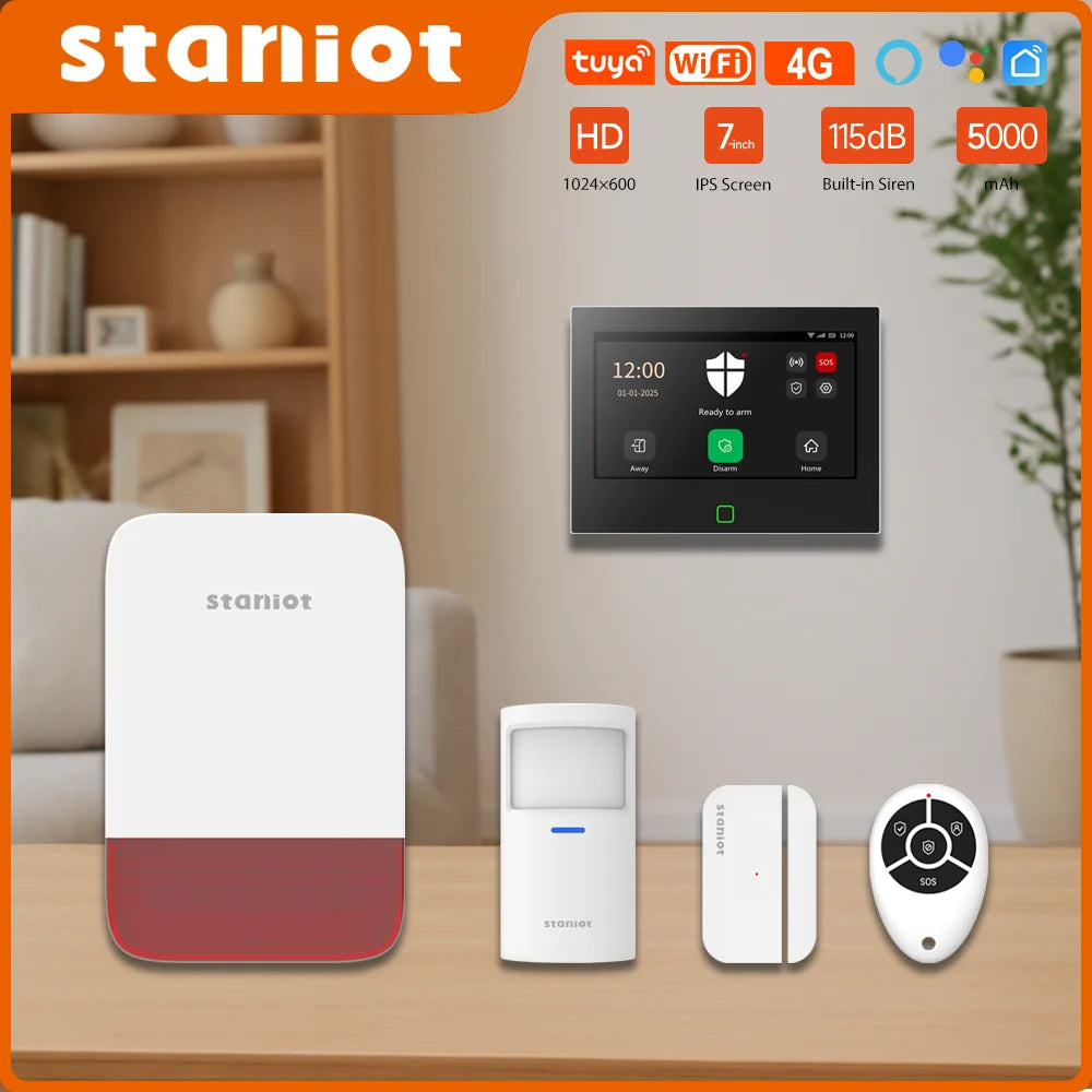 Staniot Alarm System 7-inch Touch Screen 4G Smart 433Mhz WiFi Home Alarm Remote Control Wireless Smoke Detector Security System