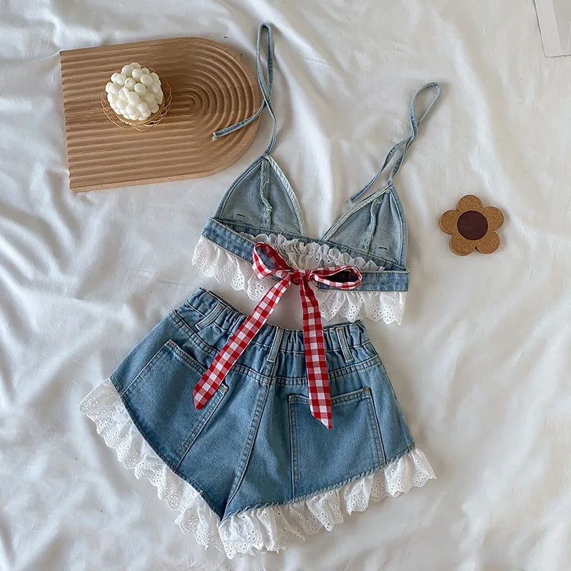 Teenage Children's Girls Summer Jeans Clothes Sets 2pcs Denim Suspenders+Shorts Beach Outfits 4 6 7 8 9 10 11 12 13 14 Years