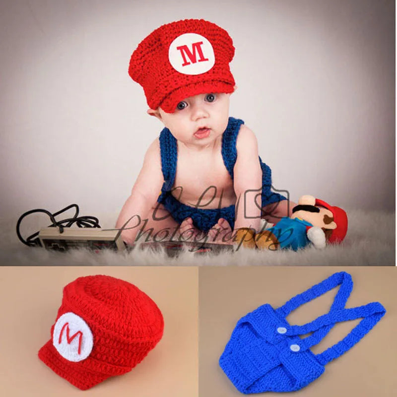 Super Bros Crochet Newborn Baby Photo Props Infant Beanie Hat&amp;Diaper Cover Set Knitted Cartoon Boy Photo Costume H252