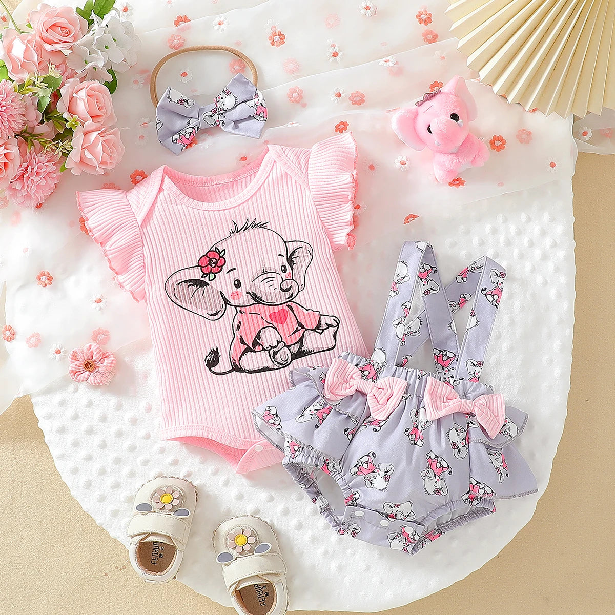 2025 New Summer Elephant Print T-shirt with Matching Headband and Overalls for Baby Girl, Casual and Versatile Three-piece Set