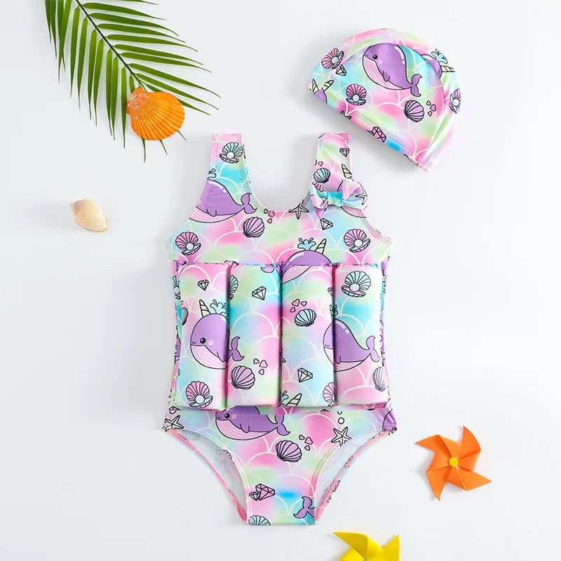 Children's Buoyancy Swimsuit One-piece Swimsuit for Kids Floating Rash Guards Cartoon Print Girls Boys Swimwear Swimming Clothes