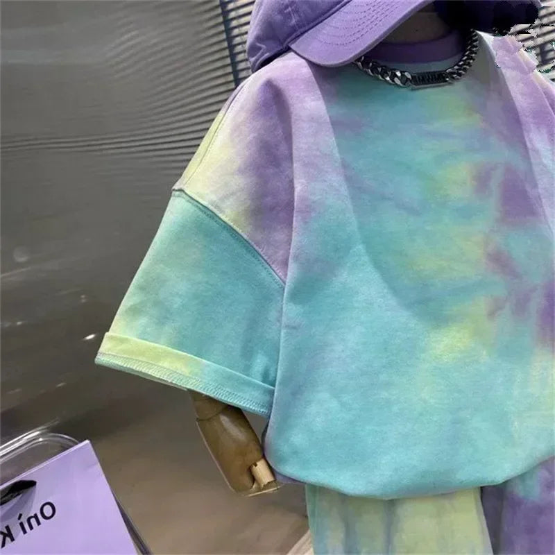 Summer Baby Boy Clothes Set Kid Girls Disney Stitch Printed T-shirts and Shorts 2PCS Suit Children Tie Dye Short Sleeve Outfits