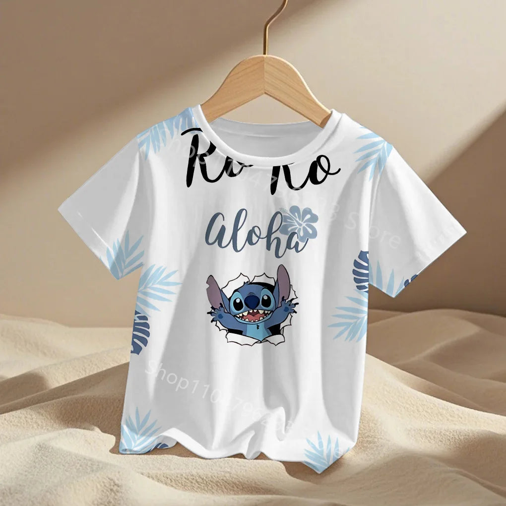 3-14Y Children's Disney Stitch T Shirts Summer Girls Lovely Short Sleeve Daily Casual Tops Boys T-shirt Homewear Graphic Tees