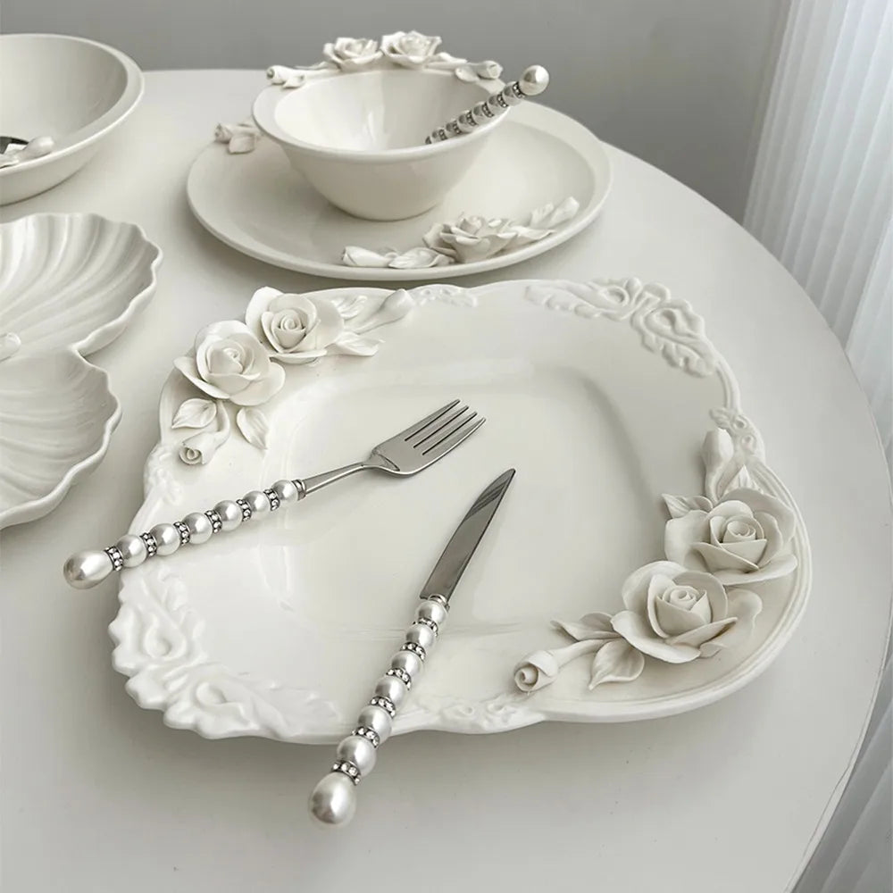 European Relief Hand Held Flower Bowl, Plate, Cup And Tableware Set For Home Afternoon Tea, Exquisite Ceramic Display Plate