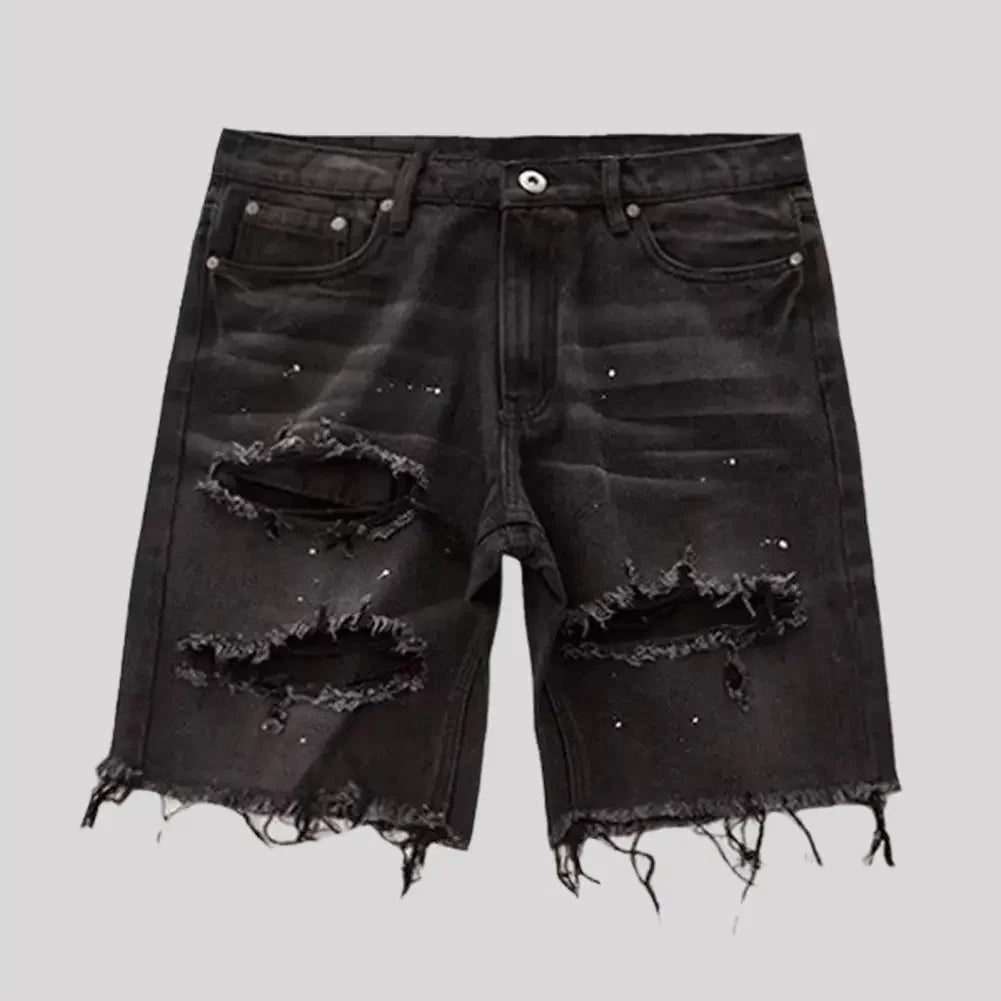 Deformed-resistant Denim Shorts Men's Summer Distressed Denim Shorts Straight Fit Ripped Holes Knee Length Jeans with Multi