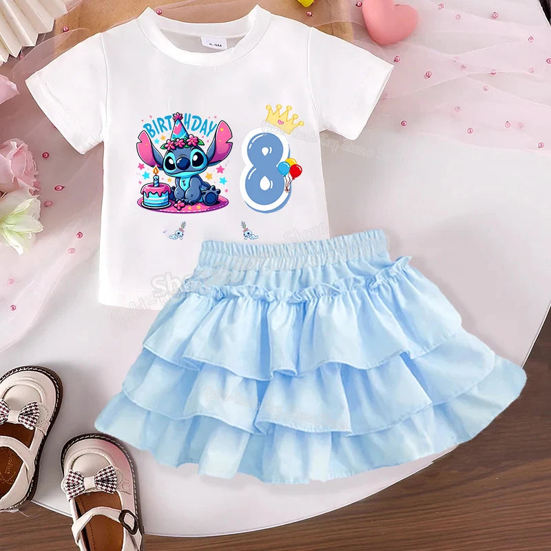 Disney Stitch Birthday T-shirt Dress Set for Children Customized Name Tee Top Girls Clothes Skirts 2pcs Suit Short Sleeve Gift
