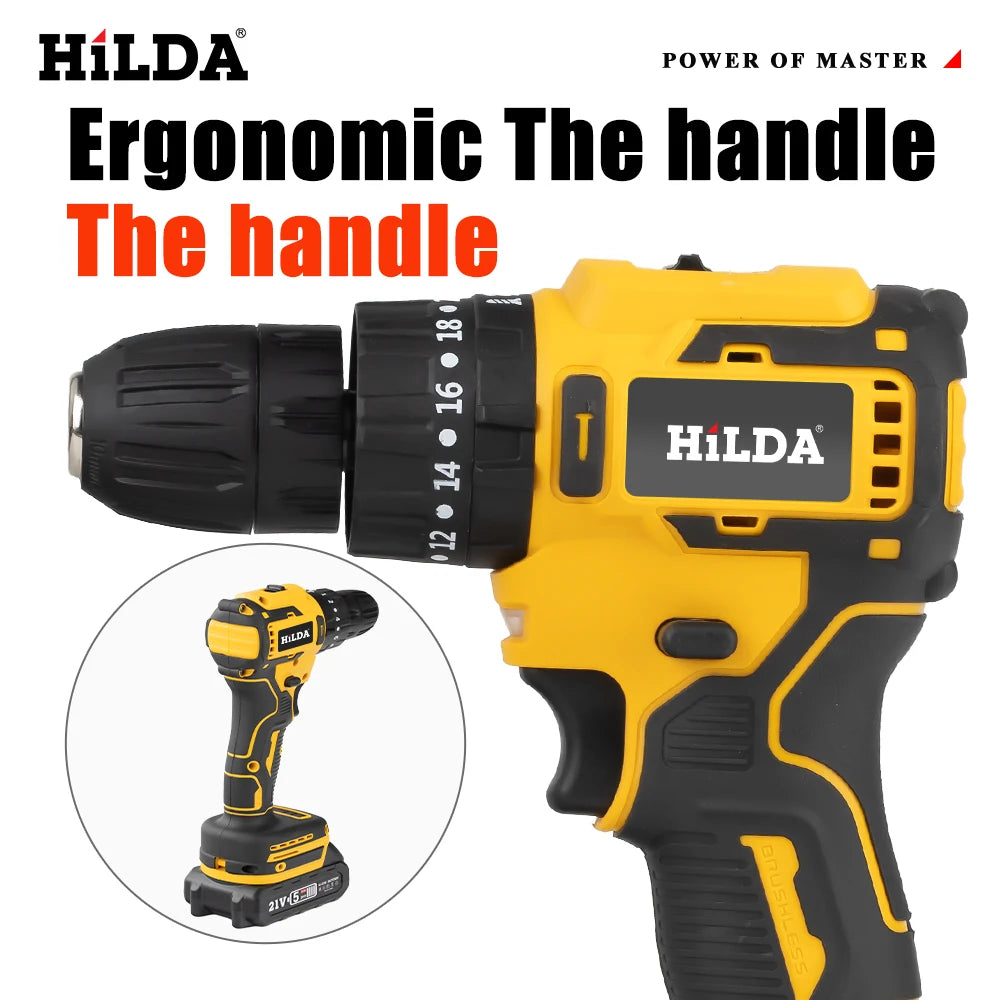 HILDA 21V Brushless Lithium Mini Drill Cordless Electric Screwdriver Mini Wireless Power Tools 20+1 Torque For Makita Battery