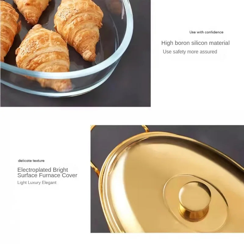 Luxury Golden Oval Food Warmer Hotel Wedding Chafing Dish Stainless Steel Glass Serving Dish Buffet Server and Hot Pot