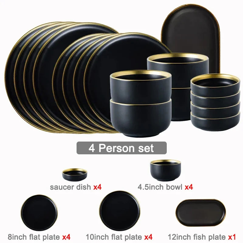 Porcelain Dinner Plates Dishes Plates and Bowls Set Black Tableware Set Food Plate Salad Soup Bowl Dinnerware Set for Restaurant