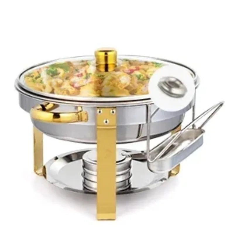 Dish Buffet Set Gold Accent Round NSF Stainless Steel Warmer Glass Lid Holder Catering Event Party