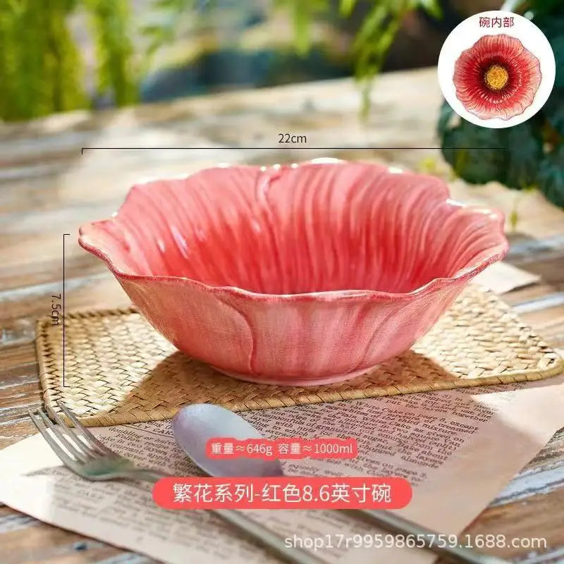 Pink Ceramic Flower Plate Dining Plates Decorative Bowl Dessert Plate Soup Bowls Water Cup Serving Plates Fruit Bowl Snack Bowls