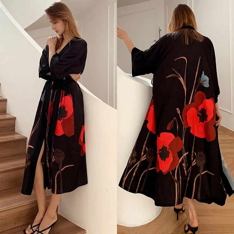 New Spring Summer Female Long Robe Nightgown Sexy Print Flower Kimono Bathrobe Gown Casual Silk Satin Home Dress Lounge Wear